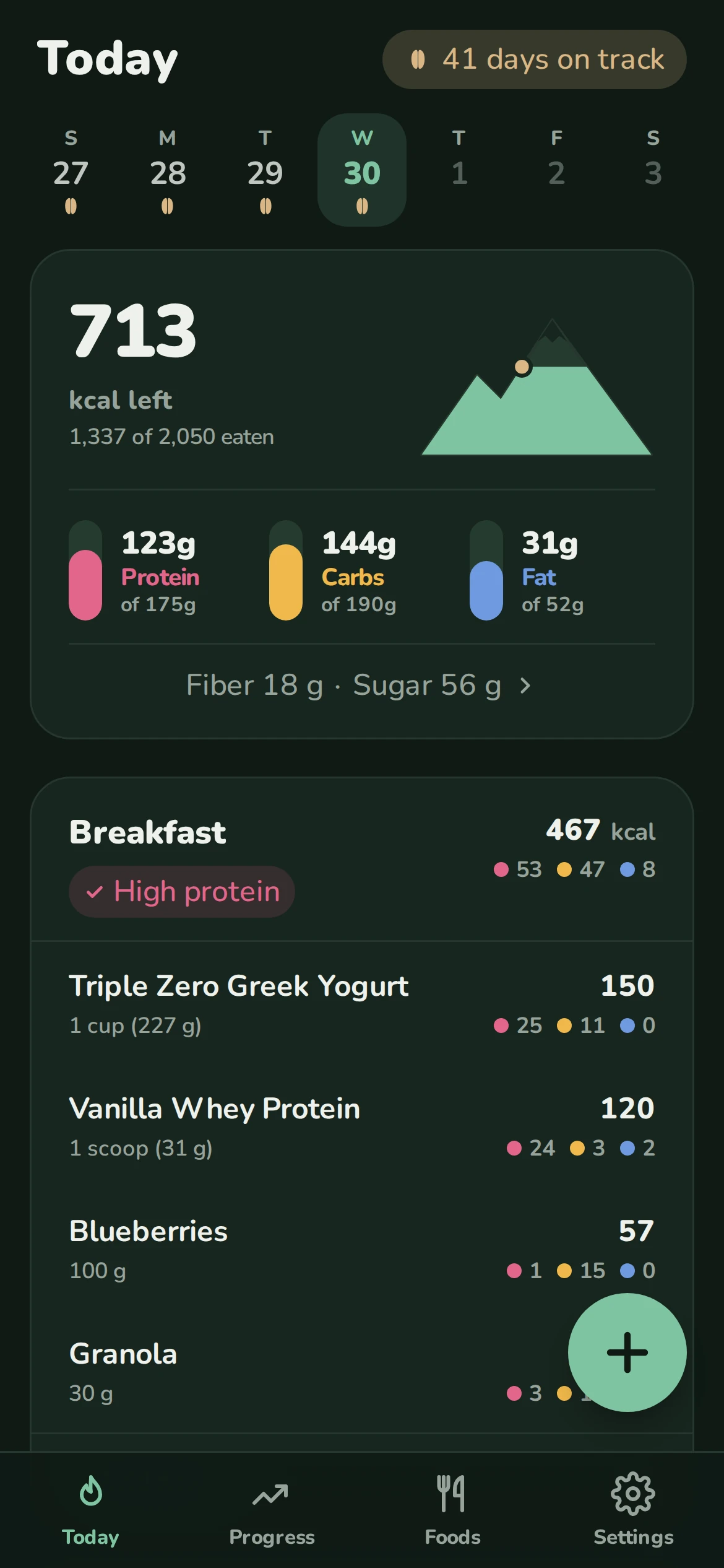 Today screen partway through the day: 713 calories left, with a marker partway up the mountain.