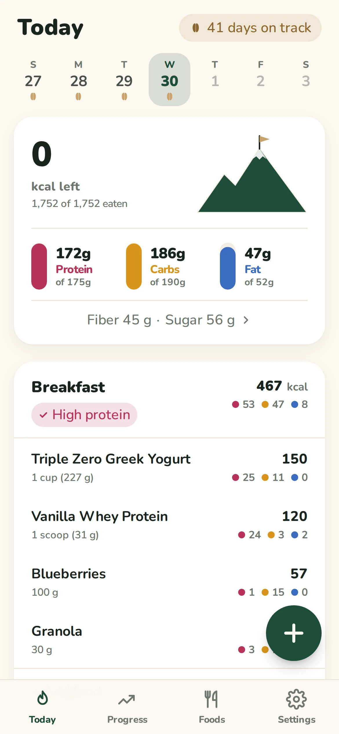 MacroMoose Today screen: 0 calories left, the mountain is full and a flag is planted at the summit. Protein, carbs and fat bars sit below it.